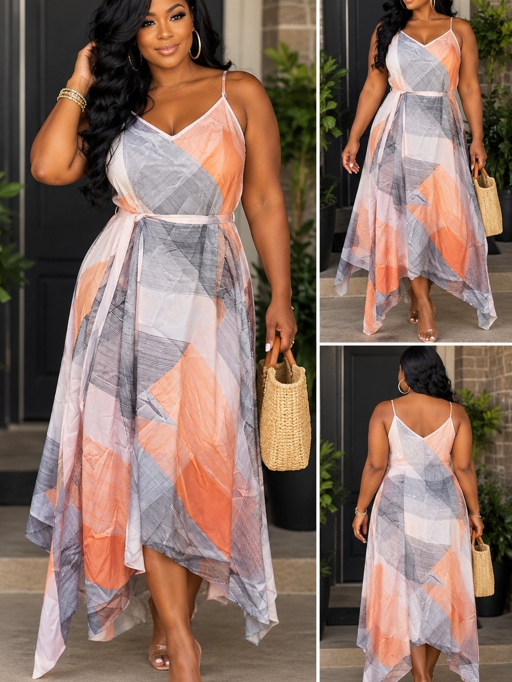 Apt. 9 Peach & Gray Handkerchief-Hem Spaghetti Strap Dress